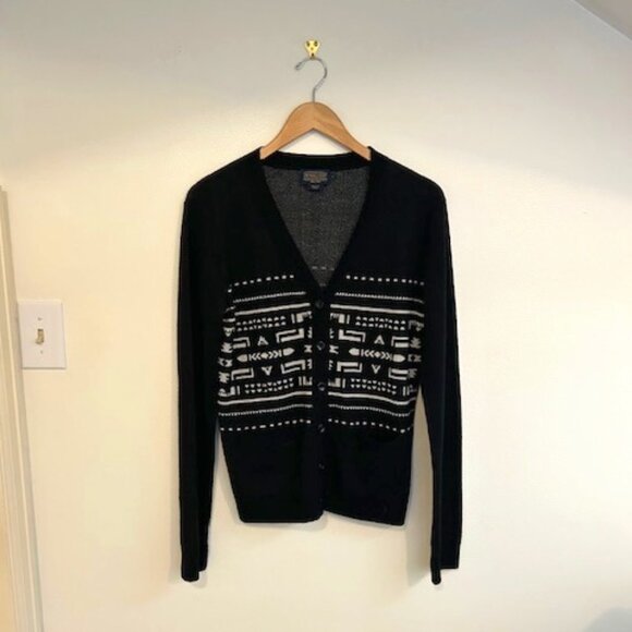 Pendleton Aztec Print Black Merino Wool Cardigan- Size Large - Picture 1 of 6